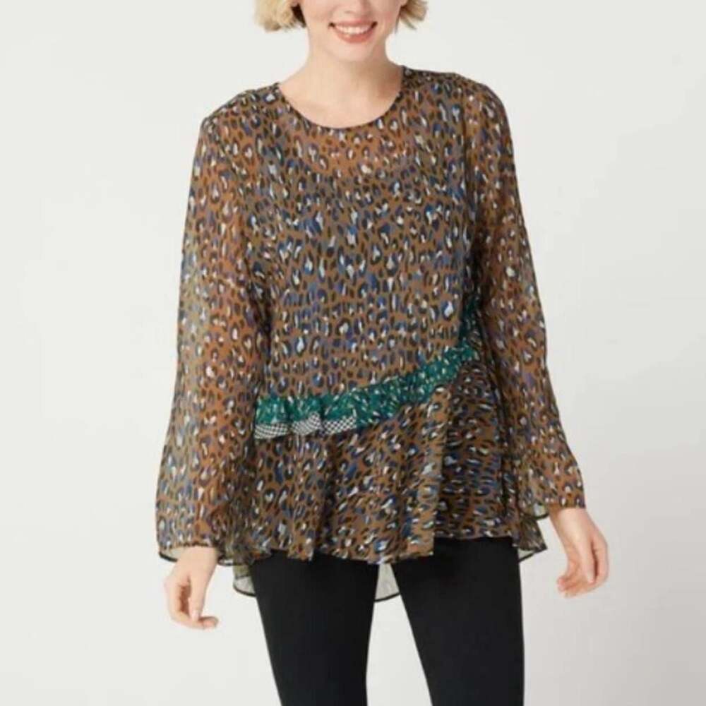 LOGO by Lori Goldstein Woven Blouse Ruffle Detail Olive Leopard 1XL